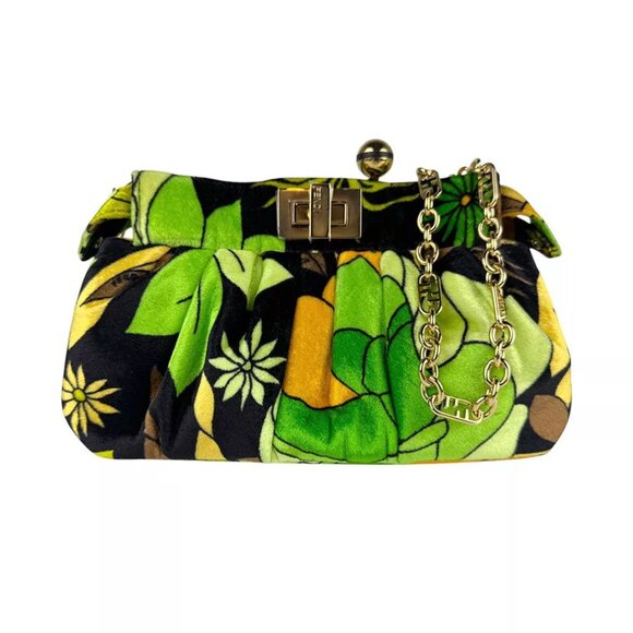 Auth FENDI Peekaboo Clic Shoulder Bag Green/Black/Gold Velvet/Metal
